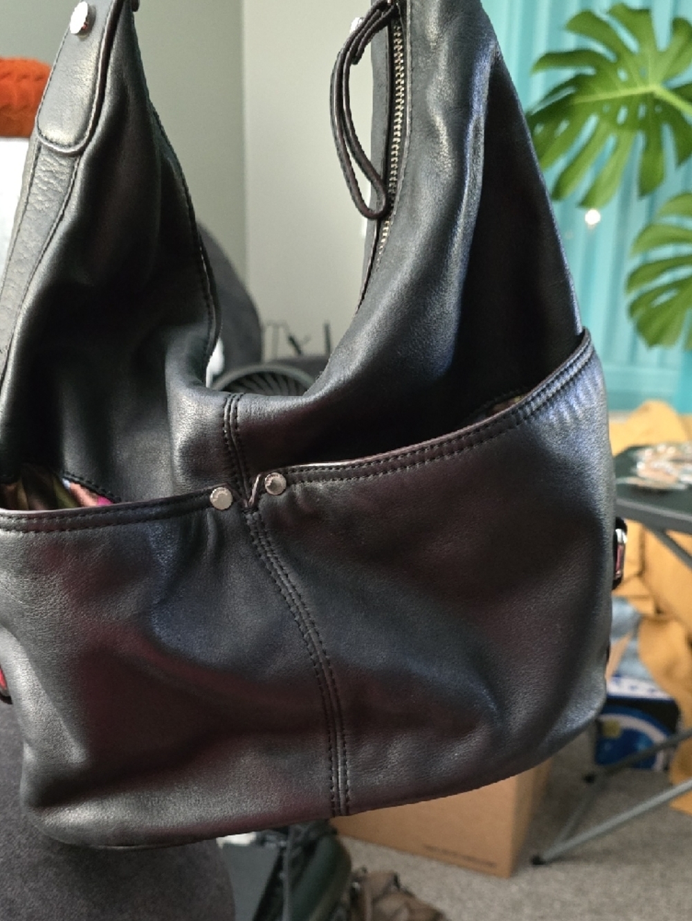 Tignanello Black Leather Shoulder Bag with Metal Ring Accents - Picture 8 of 8